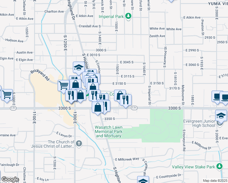 map of restaurants, bars, coffee shops, grocery stores, and more near Woodland Avenue in Millcreek