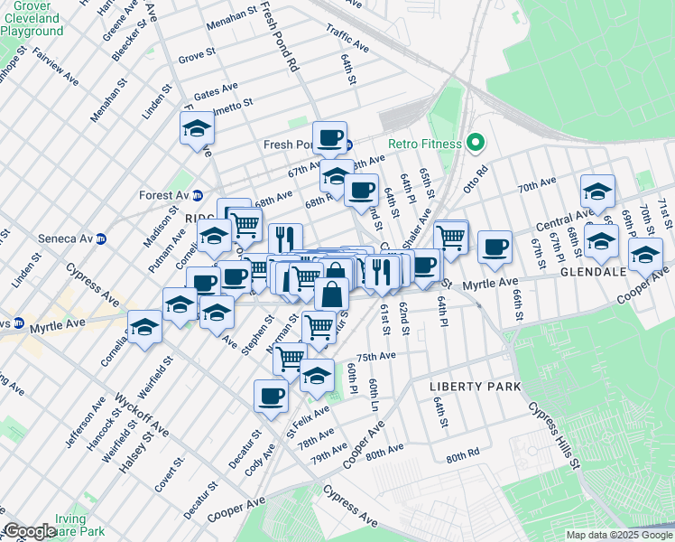 map of restaurants, bars, coffee shops, grocery stores, and more near 60-61 71st Avenue in Queens