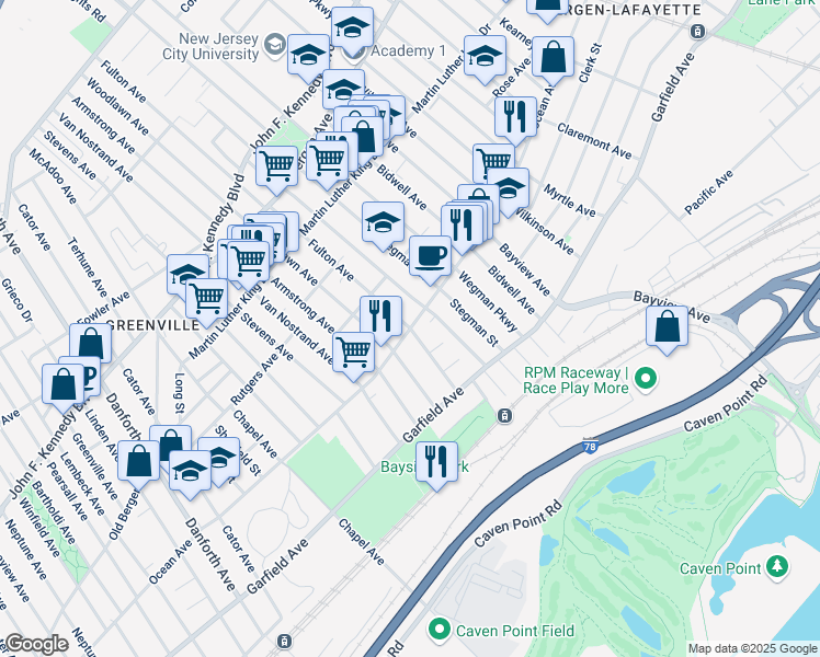 map of restaurants, bars, coffee shops, grocery stores, and more near Ocean Ave & Fulton Ave in Jersey City