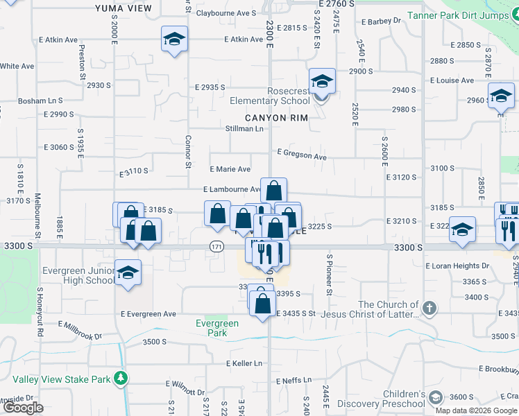 map of restaurants, bars, coffee shops, grocery stores, and more near 3228 South 2300 East in Salt Lake City