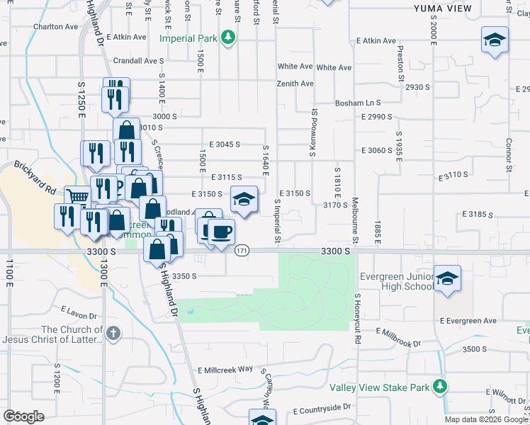 map of restaurants, bars, coffee shops, grocery stores, and more near 1655 3300 South in Salt Lake City