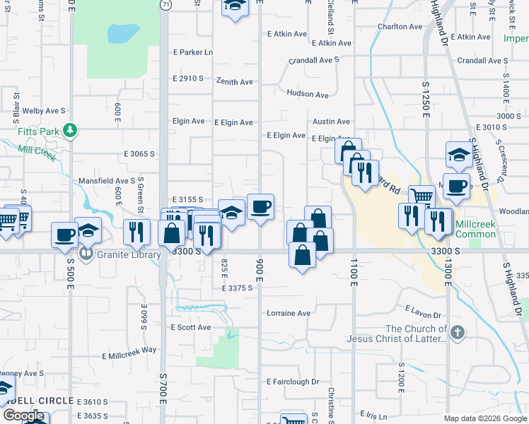 map of restaurants, bars, coffee shops, grocery stores, and more near 3200 South 900 East in Millcreek