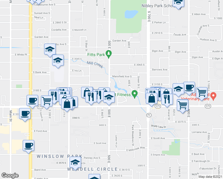 map of restaurants, bars, coffee shops, grocery stores, and more near 3210 South 540 East in South Salt Lake