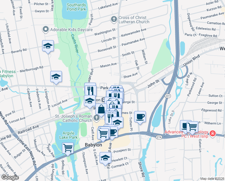 map of restaurants, bars, coffee shops, grocery stores, and more near 324 Deer Park Road in Babylon