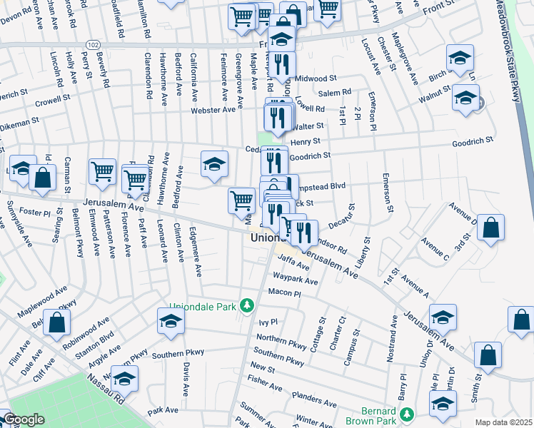 map of restaurants, bars, coffee shops, grocery stores, and more near in Uniondale