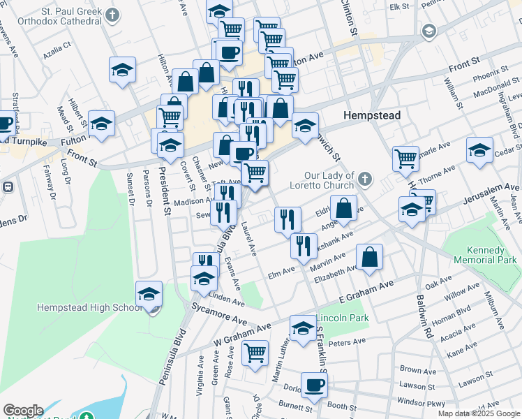 map of restaurants, bars, coffee shops, grocery stores, and more near 11 Clinton C. Boone Street in Hempstead