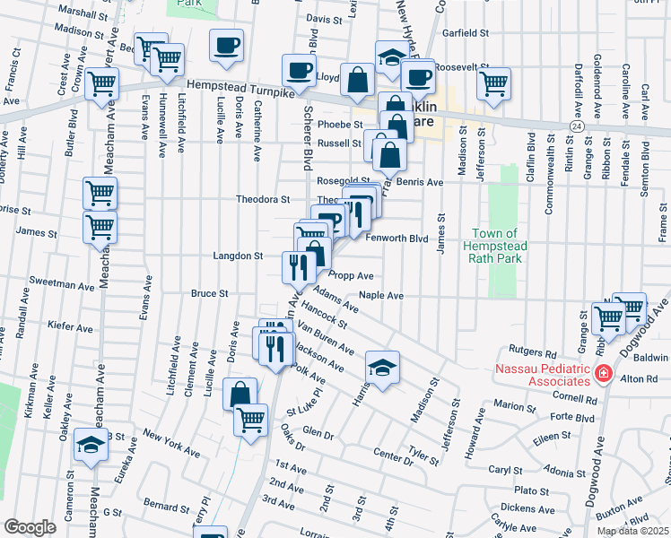 map of restaurants, bars, coffee shops, grocery stores, and more near 1074 Adams Avenue in Franklin Square
