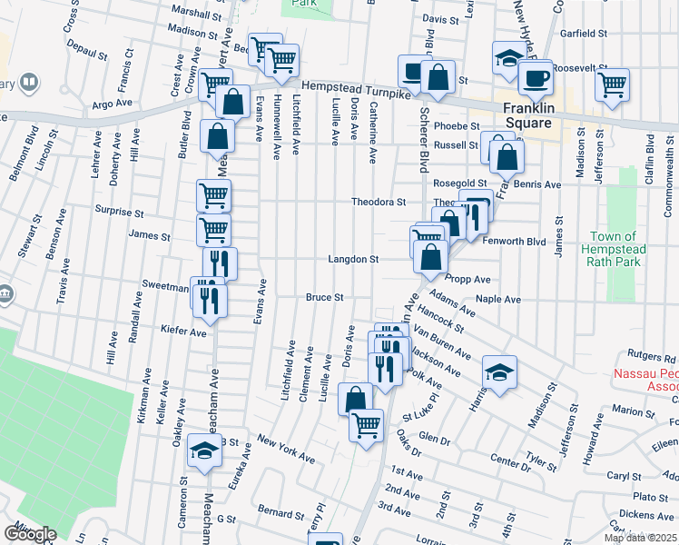 map of restaurants, bars, coffee shops, grocery stores, and more near 264 Doris Avenue in Franklin Square