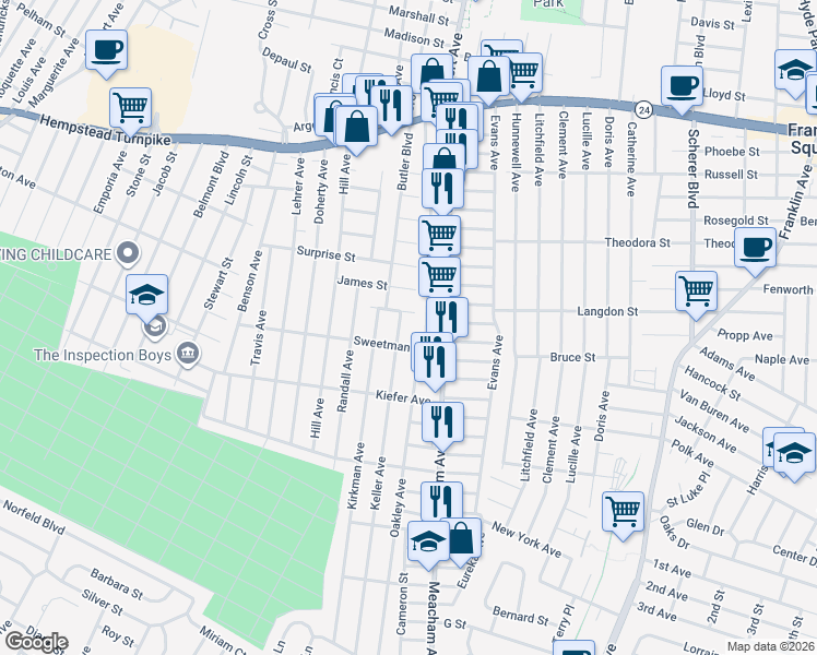 map of restaurants, bars, coffee shops, grocery stores, and more near 1371 Sweetman Avenue in Elmont