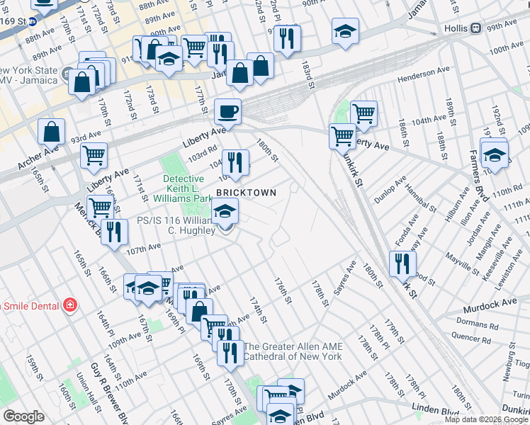 map of restaurants, bars, coffee shops, grocery stores, and more near 108-1 178th Street in Queens