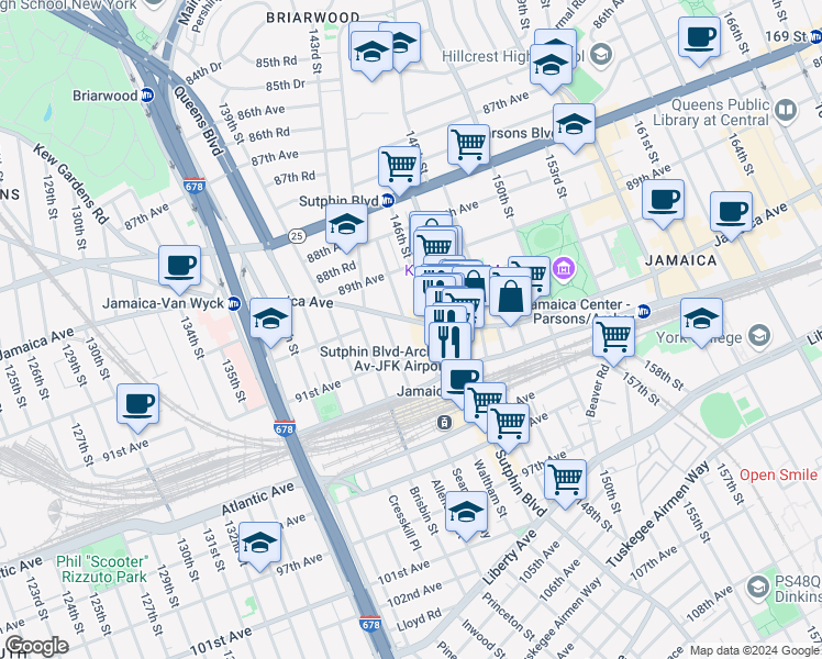 map of restaurants, bars, coffee shops, grocery stores, and more near 9110 146th Street in Queens