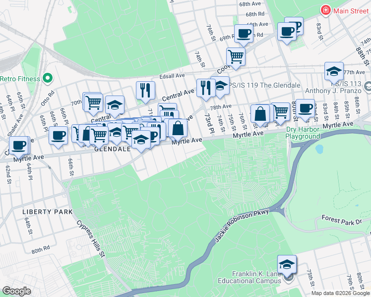 map of restaurants, bars, coffee shops, grocery stores, and more near 73-38 72nd Street in Queens