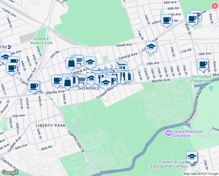map of restaurants, bars, coffee shops, grocery stores, and more near 73-20 70th Street in Queens