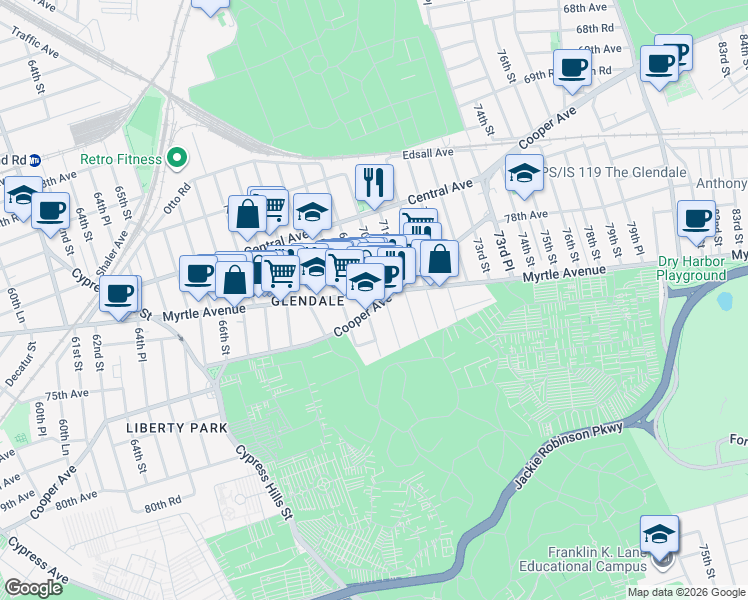 map of restaurants, bars, coffee shops, grocery stores, and more near 73-20 70th Street in Queens