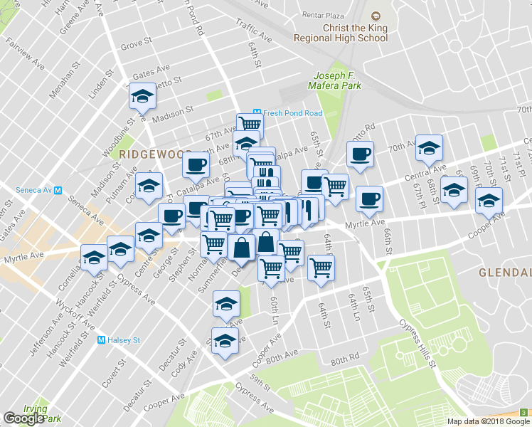 map of restaurants, bars, coffee shops, grocery stores, and more near 6101 Myrtle Avenue in Queens