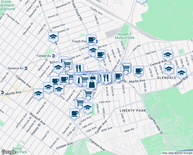 map of restaurants, bars, coffee shops, grocery stores, and more near 60-63 Myrtle Avenue in Queens