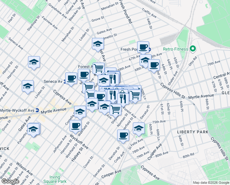 map of restaurants, bars, coffee shops, grocery stores, and more near 58-2 Myrtle Avenue in Queens