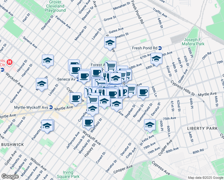 map of restaurants, bars, coffee shops, grocery stores, and more near in Queens