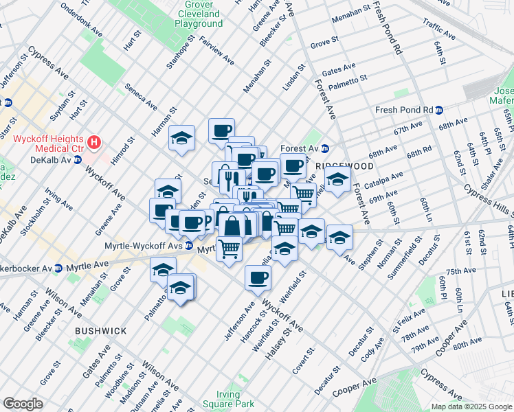map of restaurants, bars, coffee shops, grocery stores, and more near 1684 Woodbine Street in Queens
