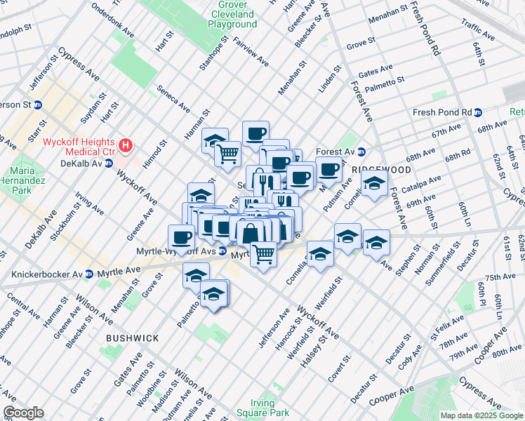 map of restaurants, bars, coffee shops, grocery stores, and more near 1645 Palmetto Street in Queens