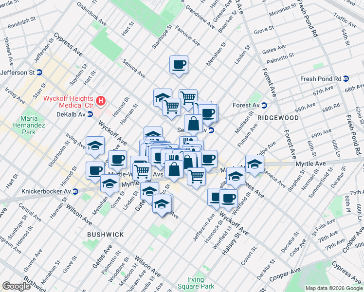 map of restaurants, bars, coffee shops, grocery stores, and more near 310 Saint Nicholas Avenue in Brooklyn