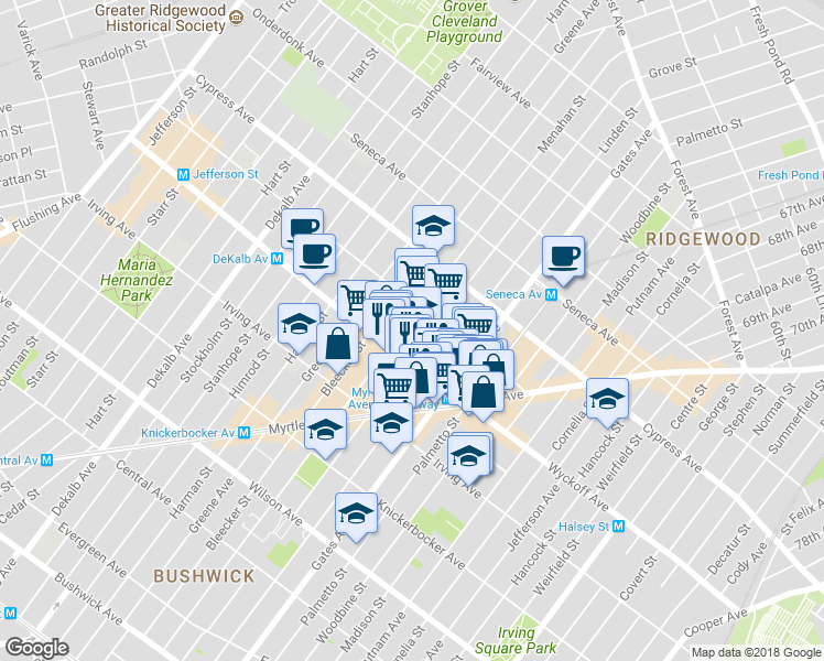map of restaurants, bars, coffee shops, grocery stores, and more near 401 Linden Street in Brooklyn