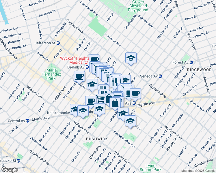 map of restaurants, bars, coffee shops, grocery stores, and more near 337 Bleecker Street in Brooklyn