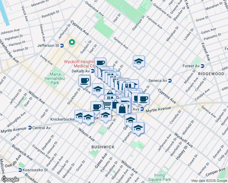 map of restaurants, bars, coffee shops, grocery stores, and more near 337 Bleecker Street in Brooklyn