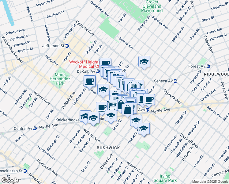 map of restaurants, bars, coffee shops, grocery stores, and more near 337 Bleecker Street in Brooklyn