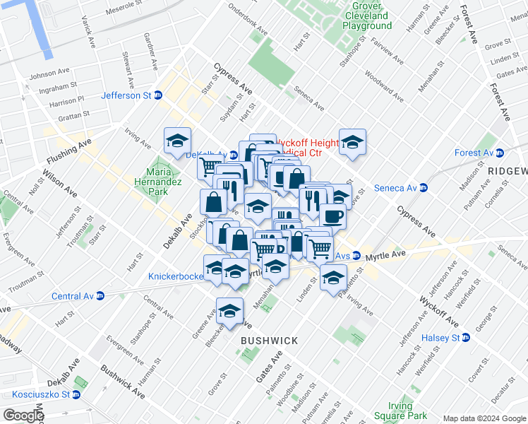 map of restaurants, bars, coffee shops, grocery stores, and more near 1395 Greene Avenue in Brooklyn
