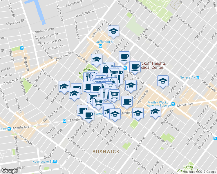 map of restaurants, bars, coffee shops, grocery stores, and more near 355 Knickerbocker Avenue in Brooklyn