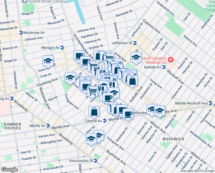 map of restaurants, bars, coffee shops, grocery stores, and more near 35 Starr Street in Brooklyn