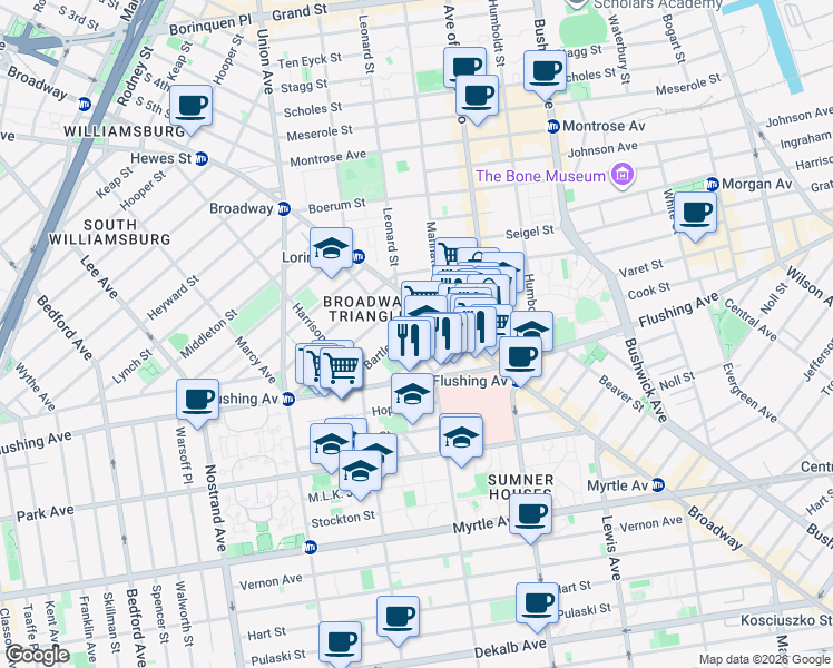 map of restaurants, bars, coffee shops, grocery stores, and more near 110 Throop Avenue in Brooklyn