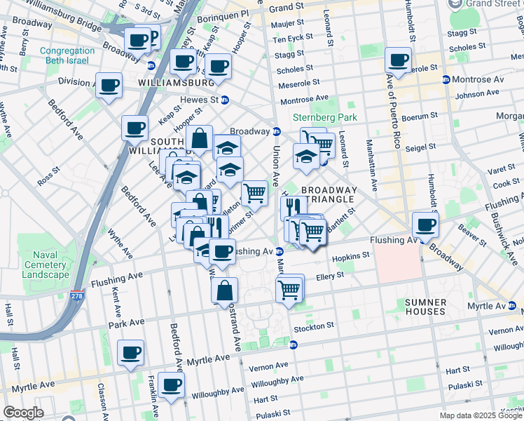 map of restaurants, bars, coffee shops, grocery stores, and more near 31 Walton Street in Brooklyn