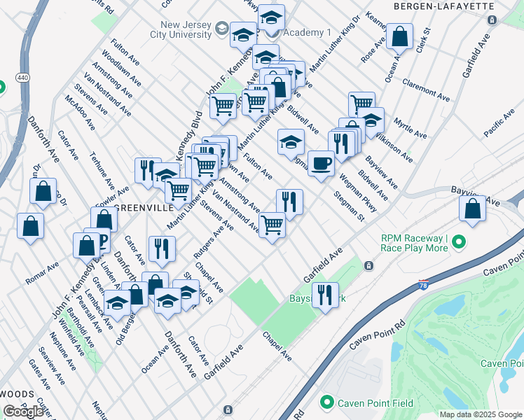 map of restaurants, bars, coffee shops, grocery stores, and more near 93 Armstrong Avenue in Jersey City