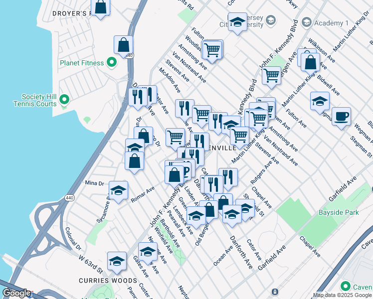 map of restaurants, bars, coffee shops, grocery stores, and more near 283 Danforth Avenue in Jersey City