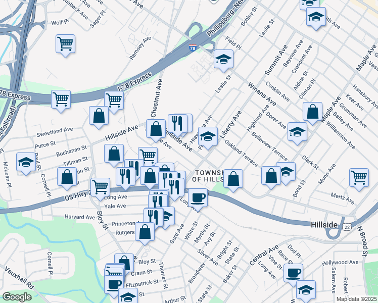 map of restaurants, bars, coffee shops, grocery stores, and more near 311 Florence Avenue in Hillside