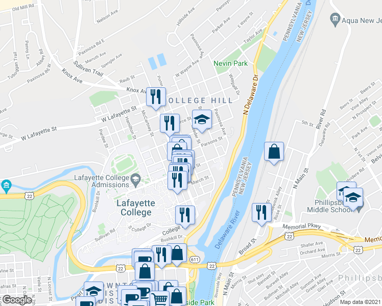 map of restaurants, bars, coffee shops, grocery stores, and more near 411 High Street in Easton