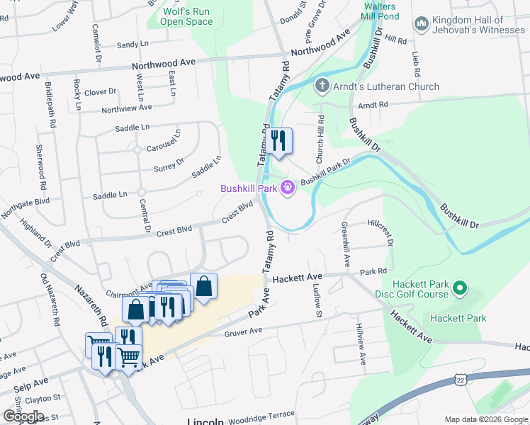 map of restaurants, bars, coffee shops, grocery stores, and more near 940 Tatamy Road in Easton