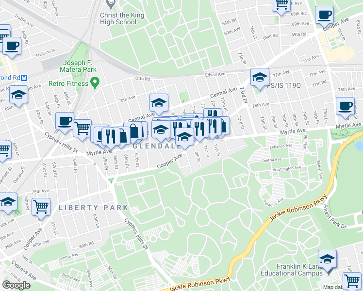 map of restaurants, bars, coffee shops, grocery stores, and more near 6907 Cooper Avenue in Queens
