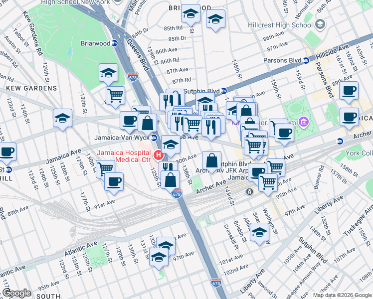 map of restaurants, bars, coffee shops, grocery stores, and more near 89-28 138th Place in Queens