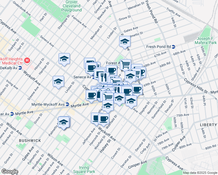 map of restaurants, bars, coffee shops, grocery stores, and more near 7-89 Seneca Avenue in Queens