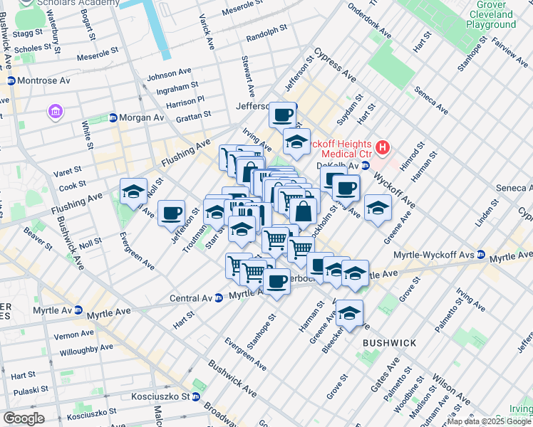 map of restaurants, bars, coffee shops, grocery stores, and more near 228 Suydam Street in Brooklyn