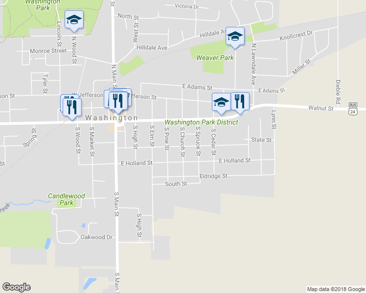 map of restaurants, bars, coffee shops, grocery stores, and more near 114 South Church Street in Washington