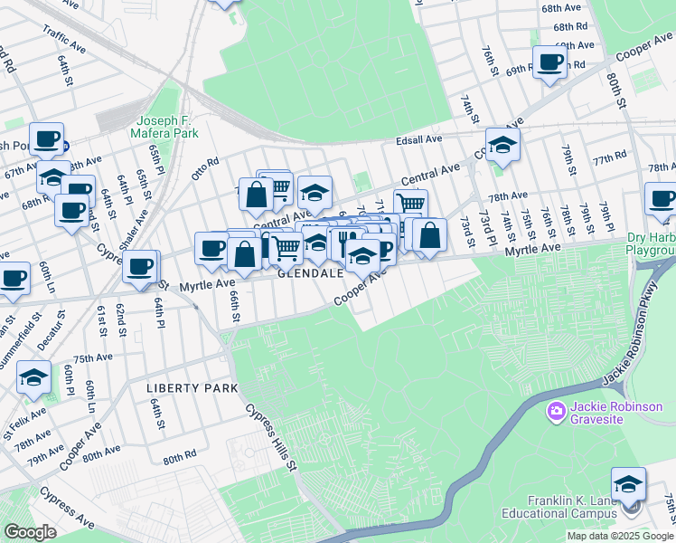 map of restaurants, bars, coffee shops, grocery stores, and more near 69-07 Cooper Avenue in Queens