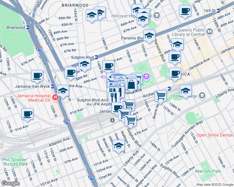map of restaurants, bars, coffee shops, grocery stores, and more near 92- 2 147th Place in Queens