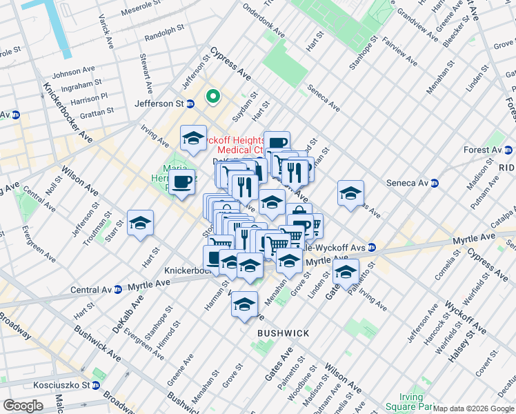 map of restaurants, bars, coffee shops, grocery stores, and more near 197 Irving Avenue in Brooklyn