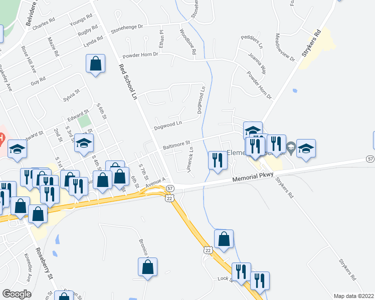 map of restaurants, bars, coffee shops, grocery stores, and more near 21 Limerick Lane in Phillipsburg