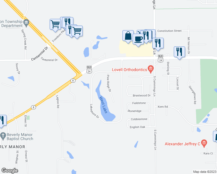 map of restaurants, bars, coffee shops, grocery stores, and more near 100 Pine Ridge Drive in Washington