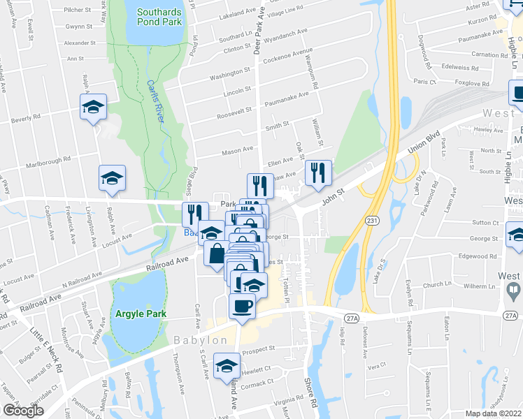 map of restaurants, bars, coffee shops, grocery stores, and more near 345 Deer Park Avenue in Babylon